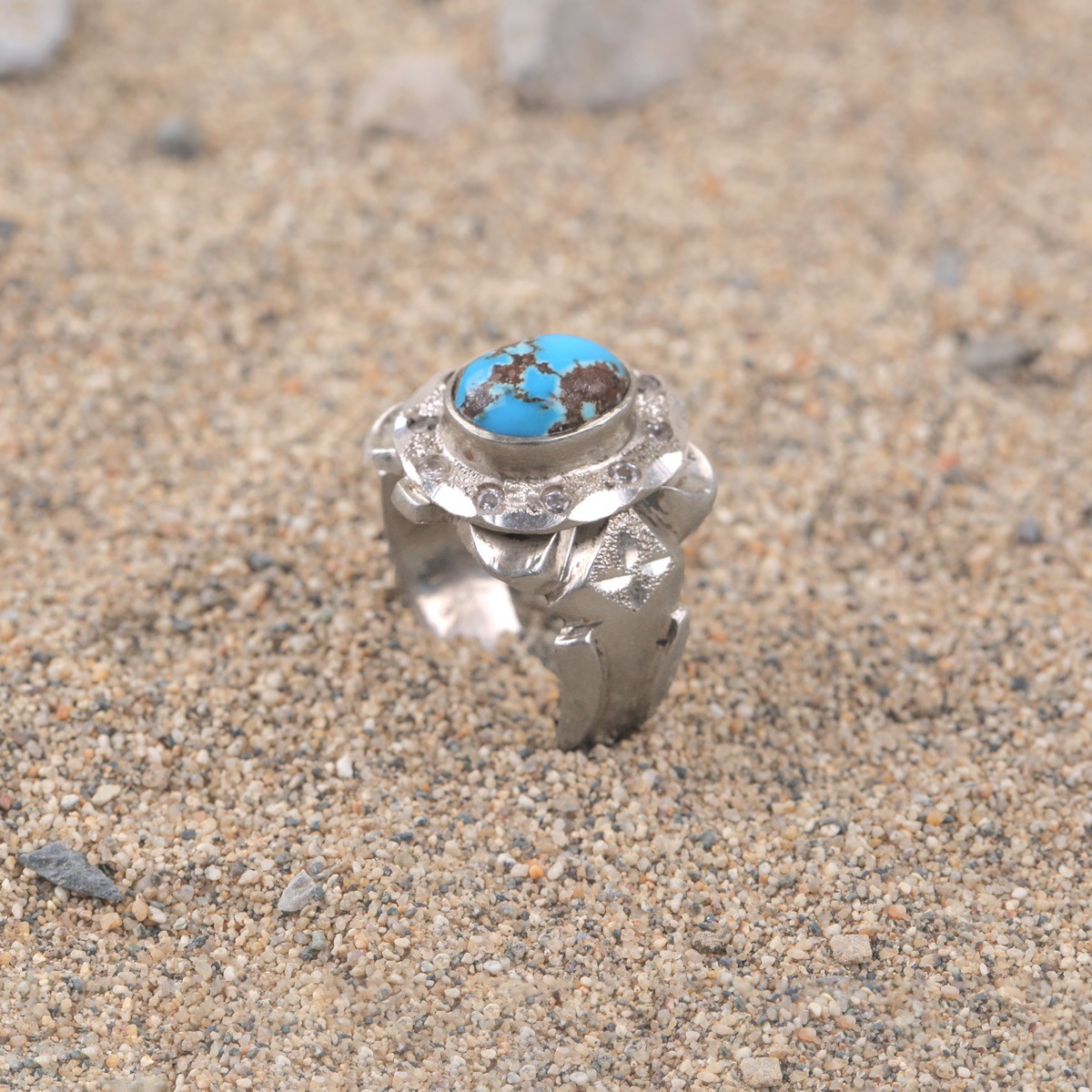 Turquoise Silver Men's Ring| Oval Cluster Style Ring 2