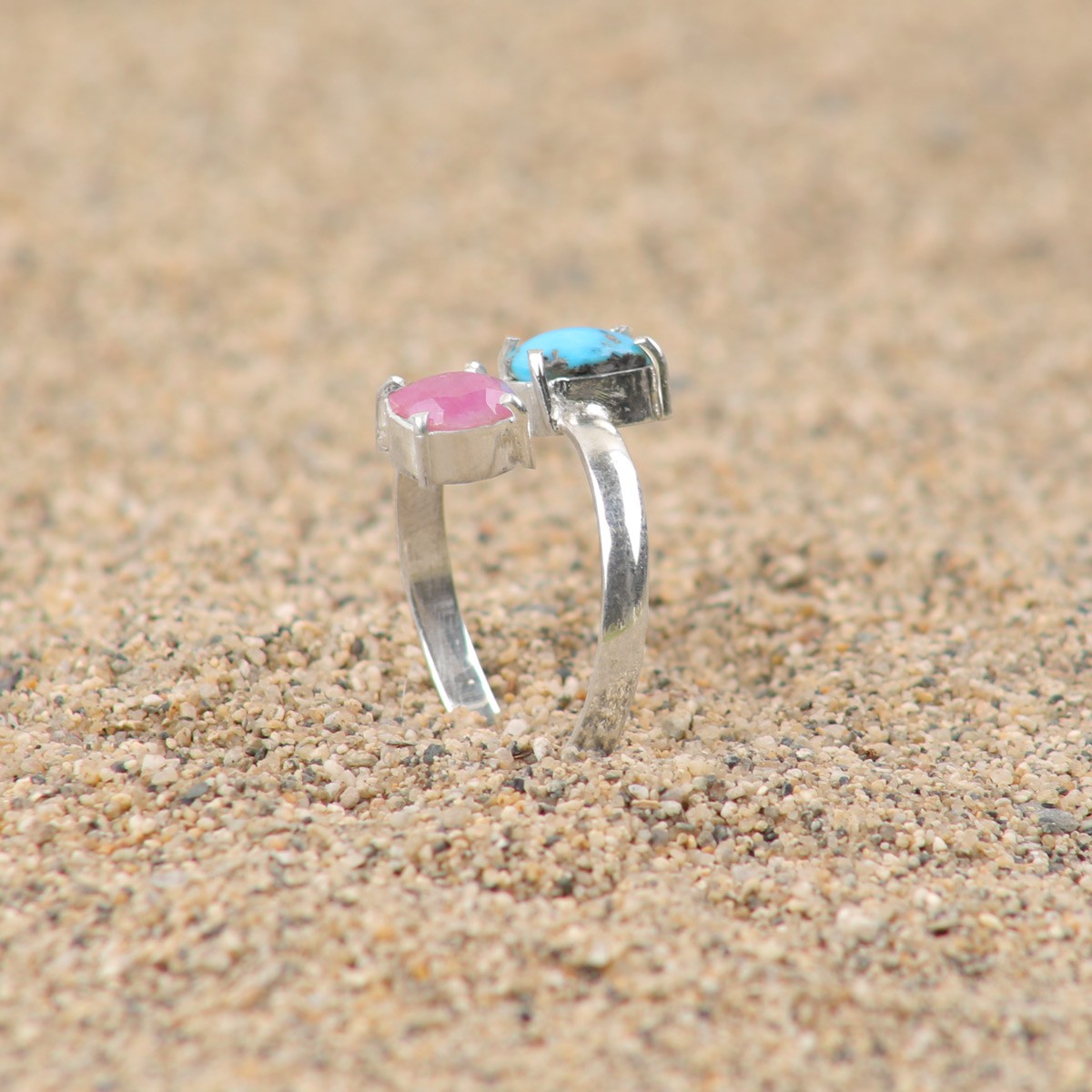 Ruby and Turquoise Silver Ring| Two Stone Women's Ring 1