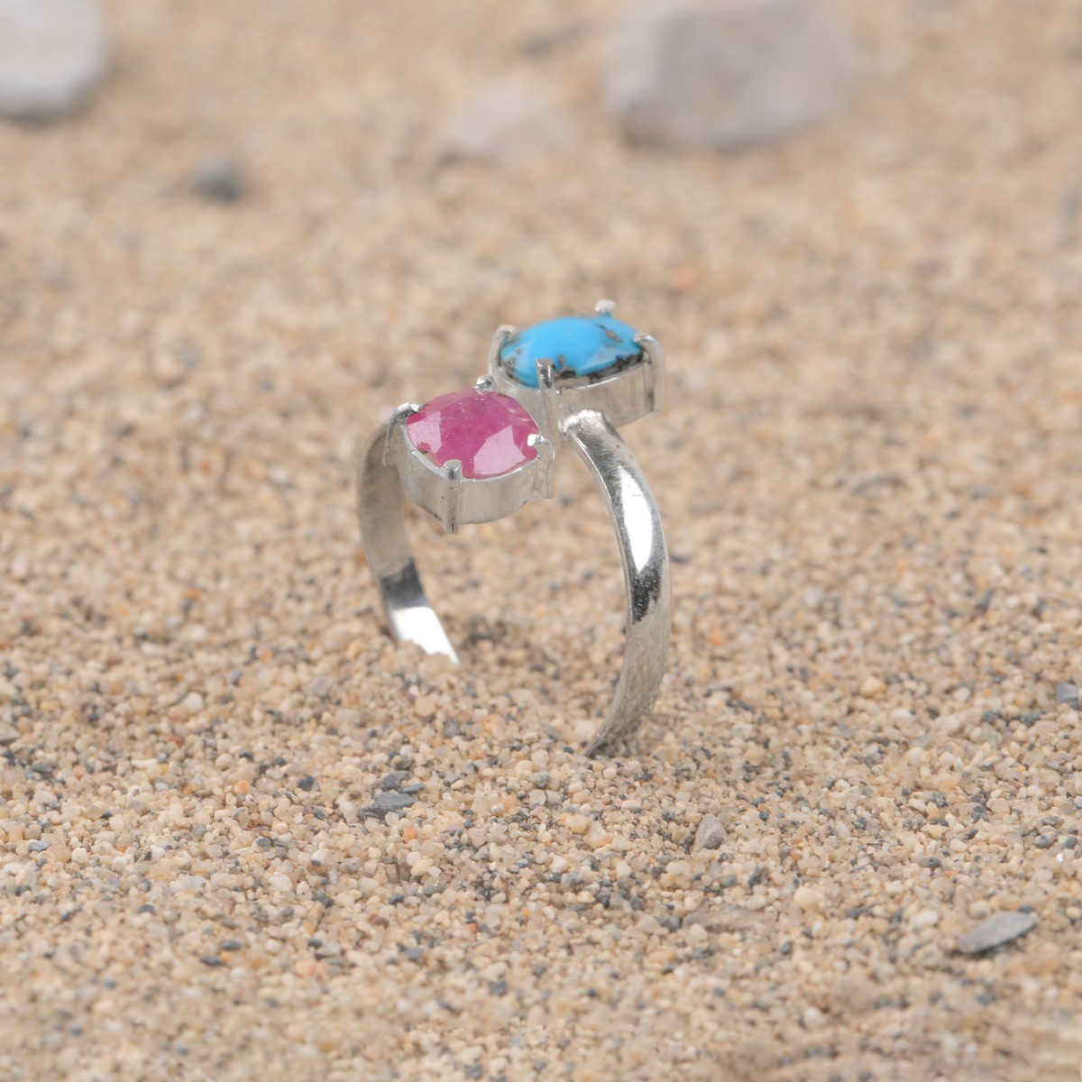 Ruby and Turquoise Silver Ring| Two Stone Women's Ring 2