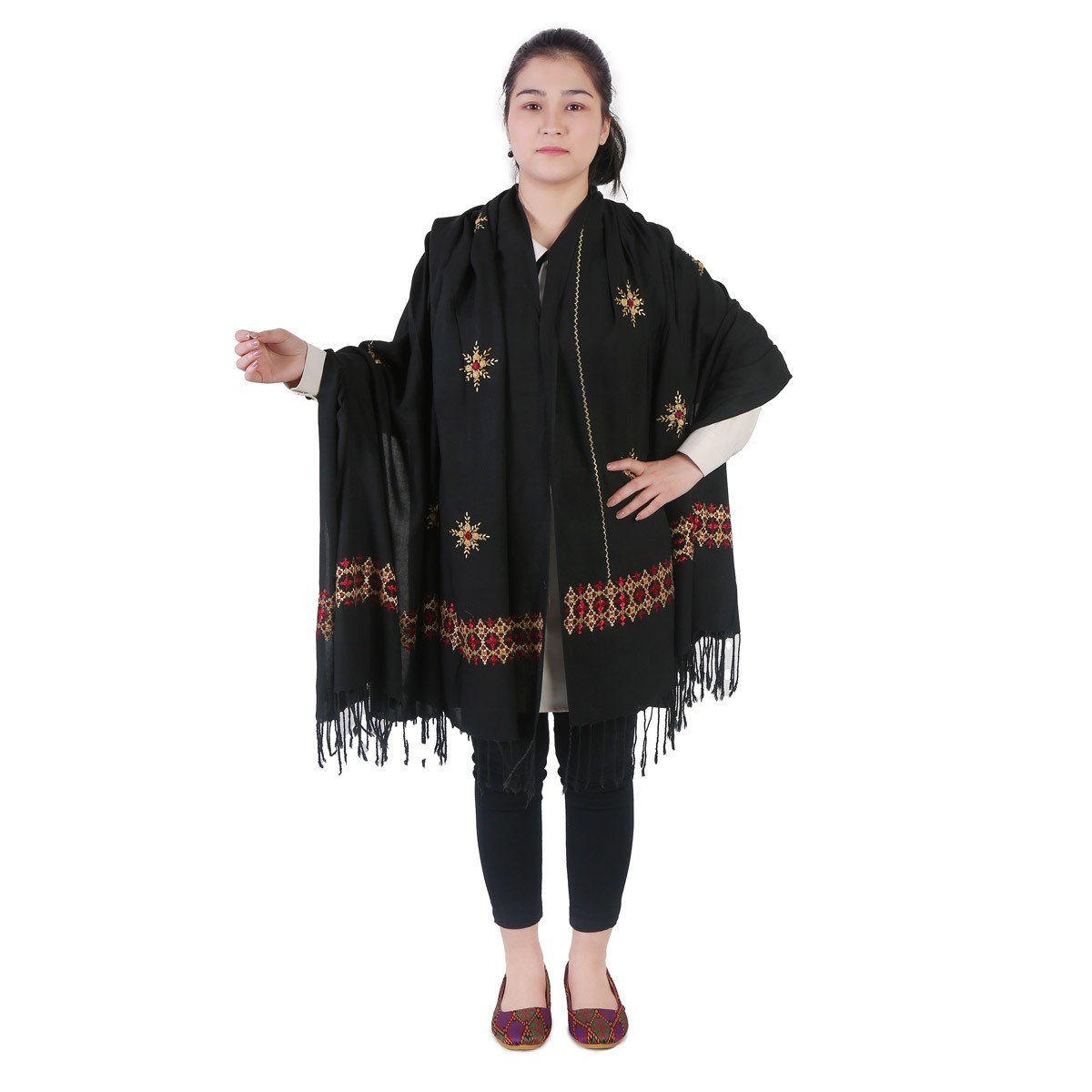 Black Cotton Hazaragi Shawl With Maroon Embroidery 1