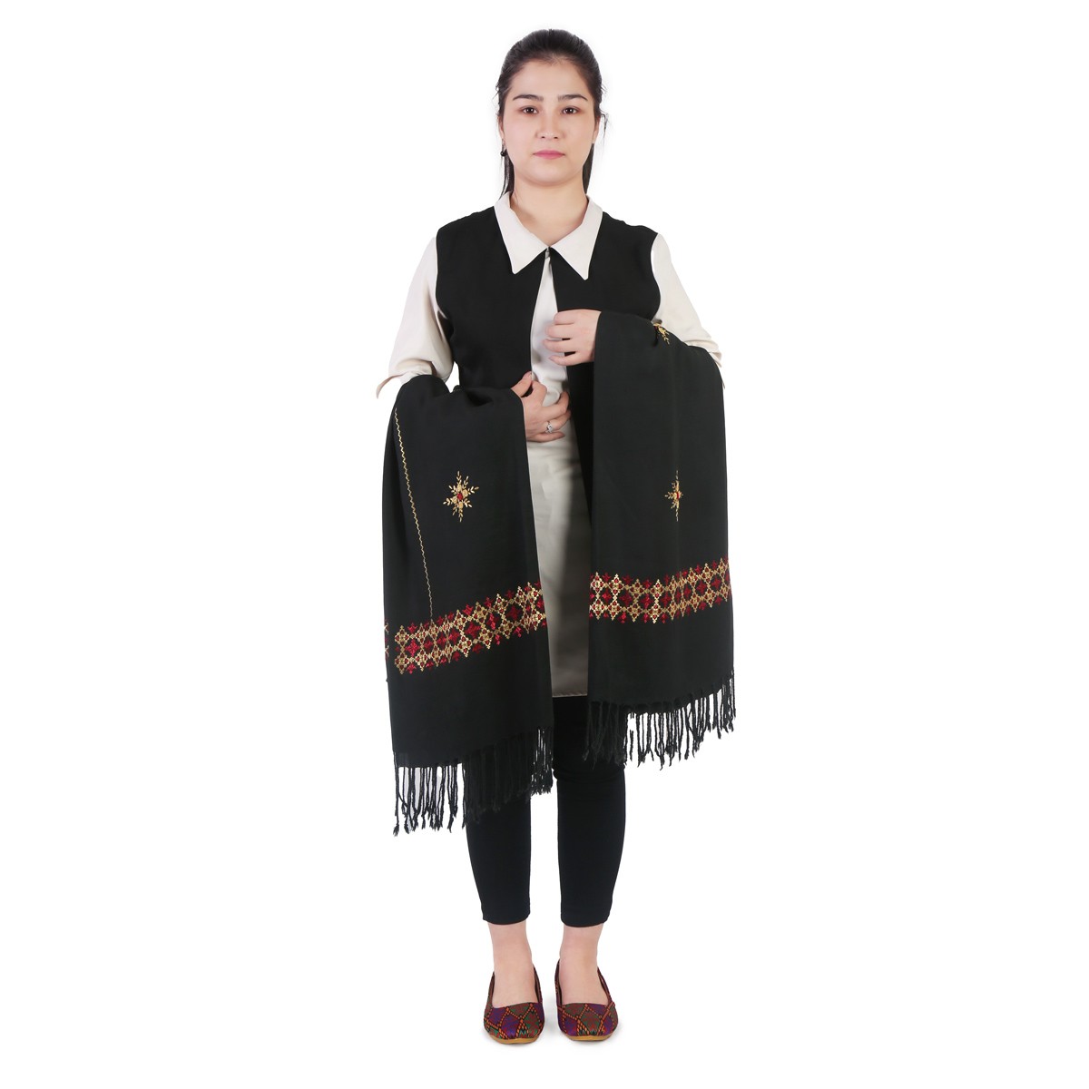 Black Cotton Hazaragi Shawl With Maroon Embroidery 2