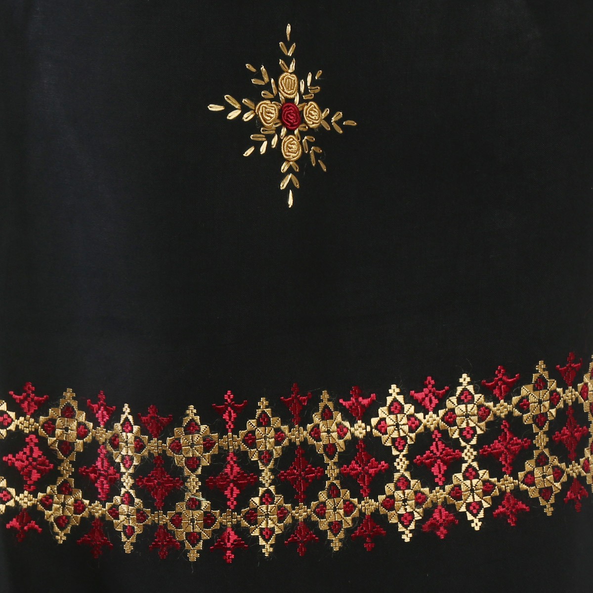 Black Cotton Hazaragi Shawl With Maroon Embroidery 3