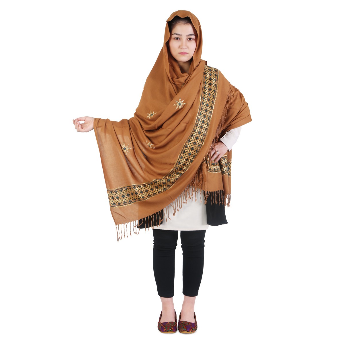 Brown Soft Cotton Kamak Embroidered Shawl 1
