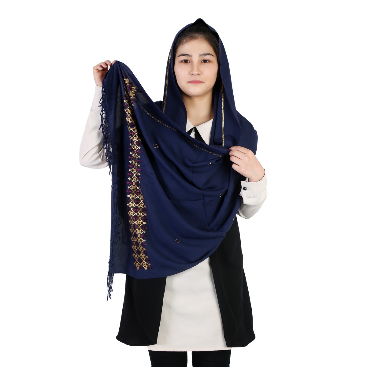 Navy Blue Hazaragi Embroidered Cotton Scarf 1