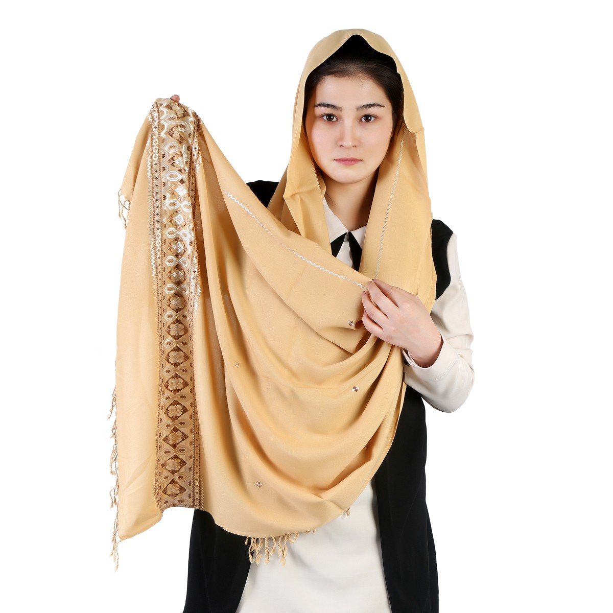 Brownish Yellow Cotton Embroidered Scarf 1