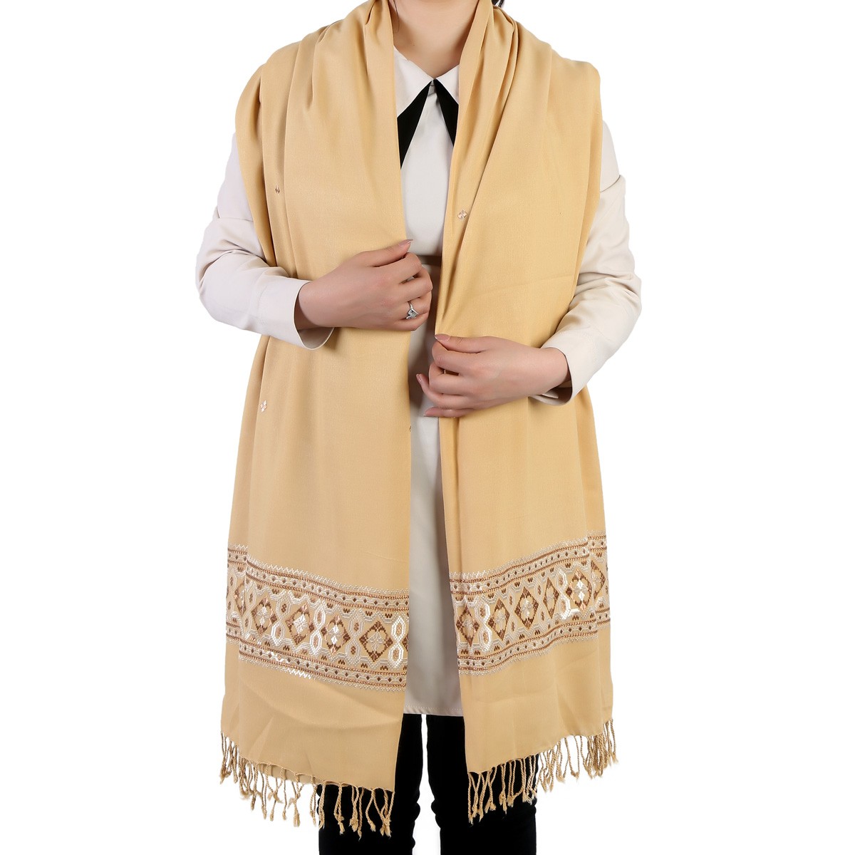 Brownish Yellow Cotton Embroidered Scarf 2