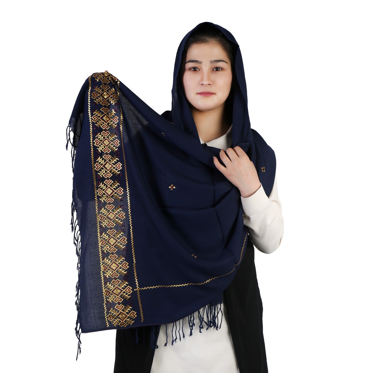 Golden Embroidered Navy Blue Cotton Scarf 1