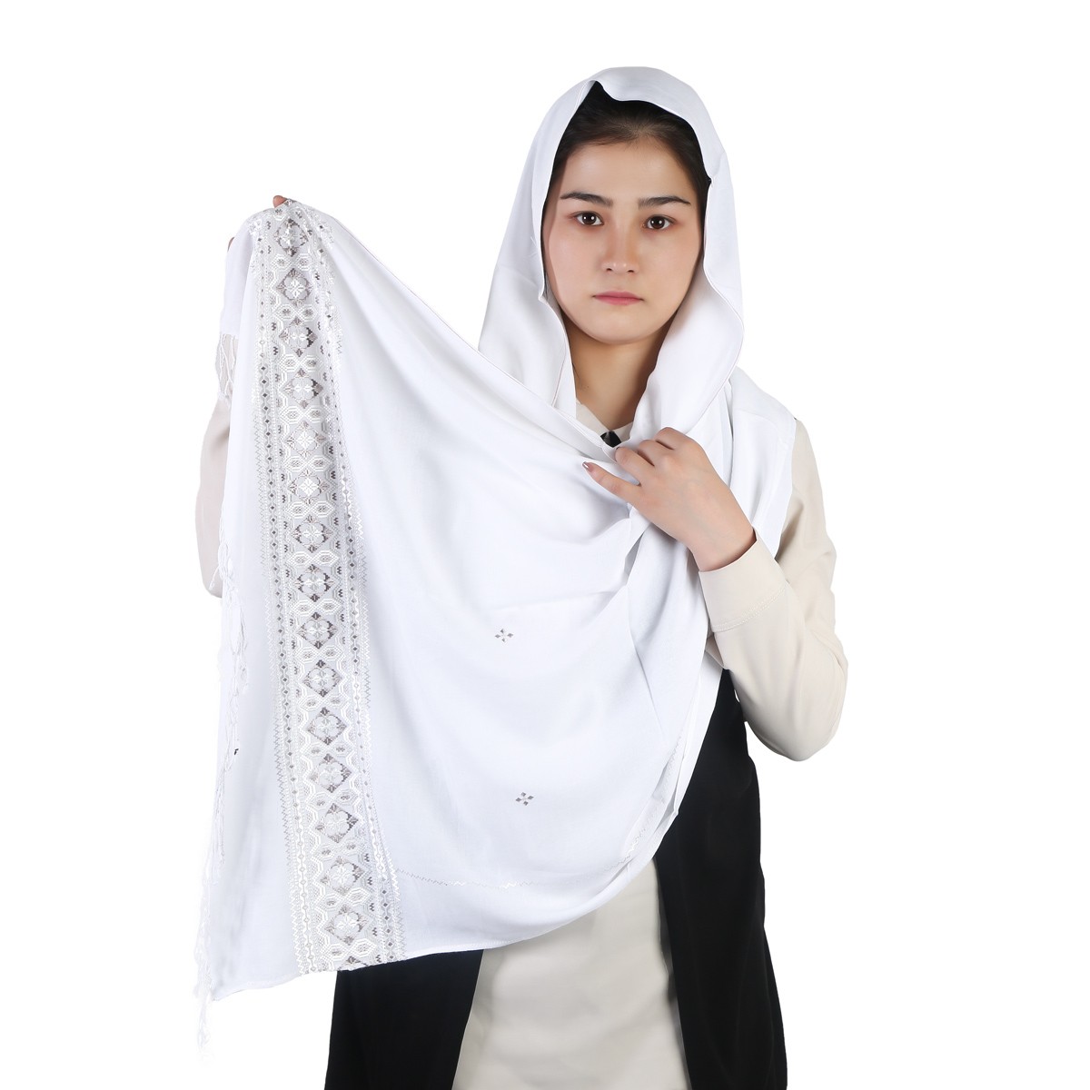 White Cotton Scarf With Gray Embroidery 1