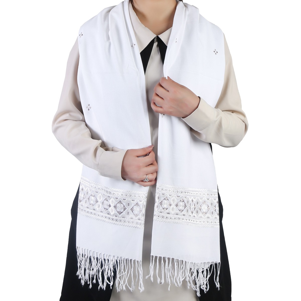 White Cotton Scarf With Gray Embroidery 2