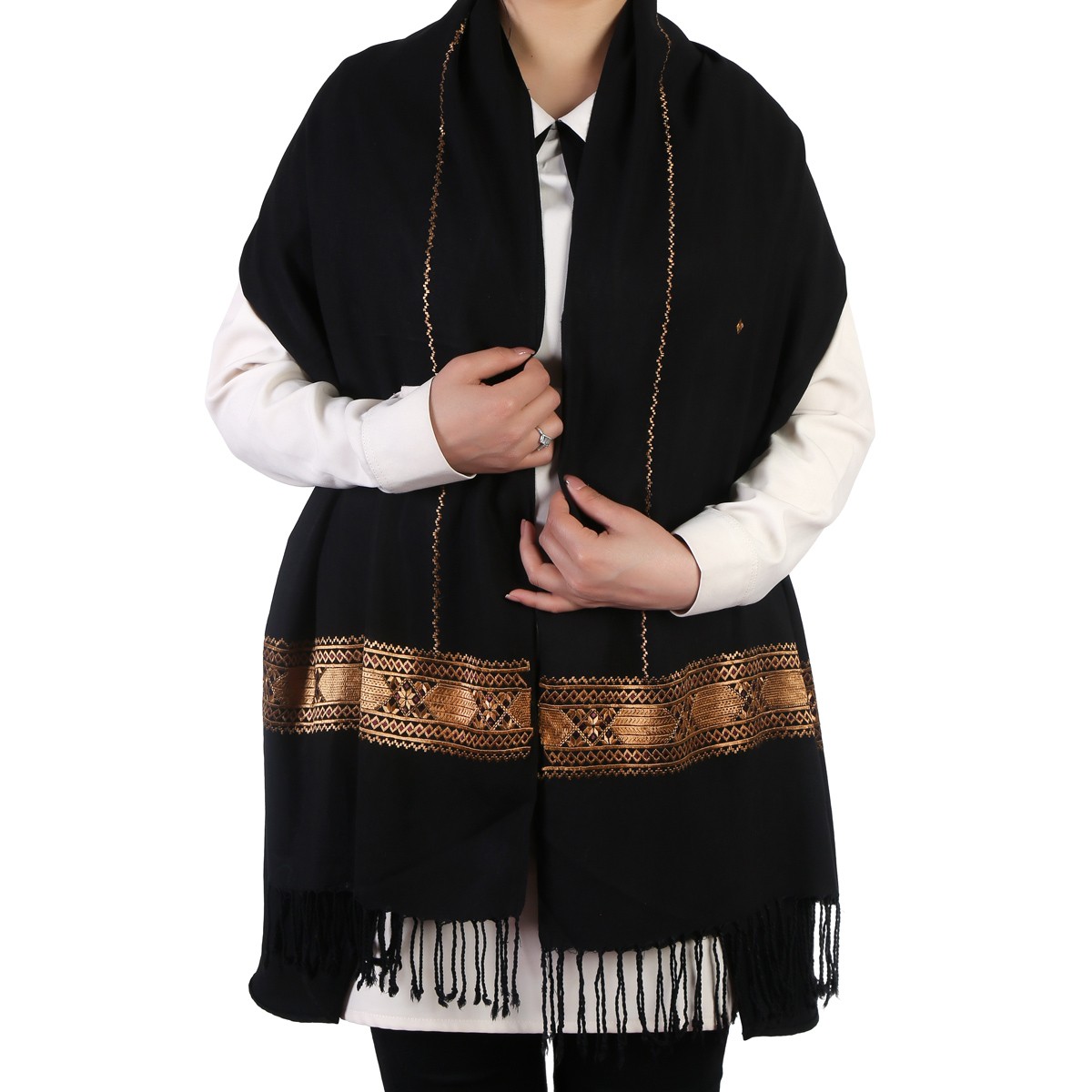 Golden Embroidered Black Cotton Women Shawl 2