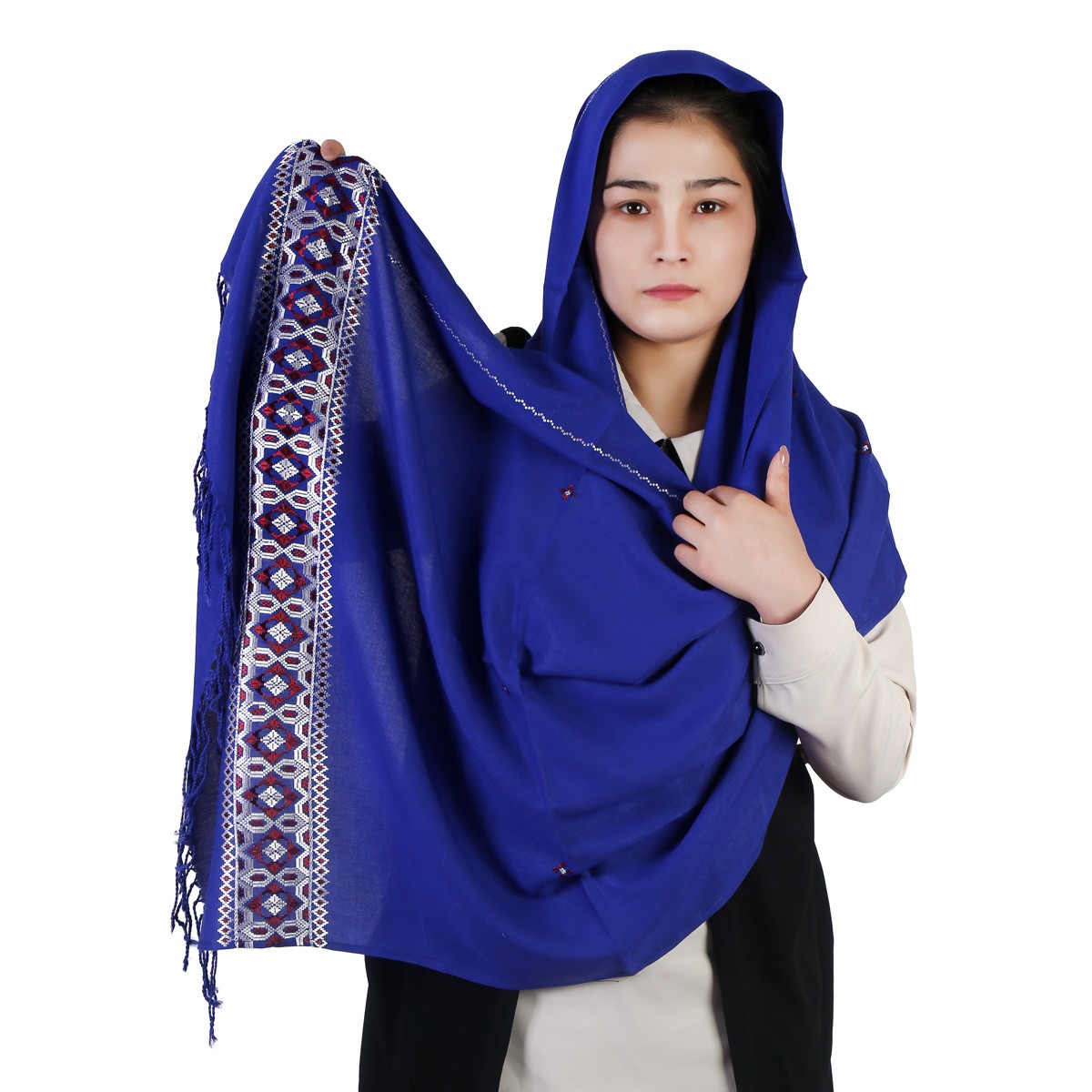 Blue Cotton Scarf With Colorful Embroidery 1