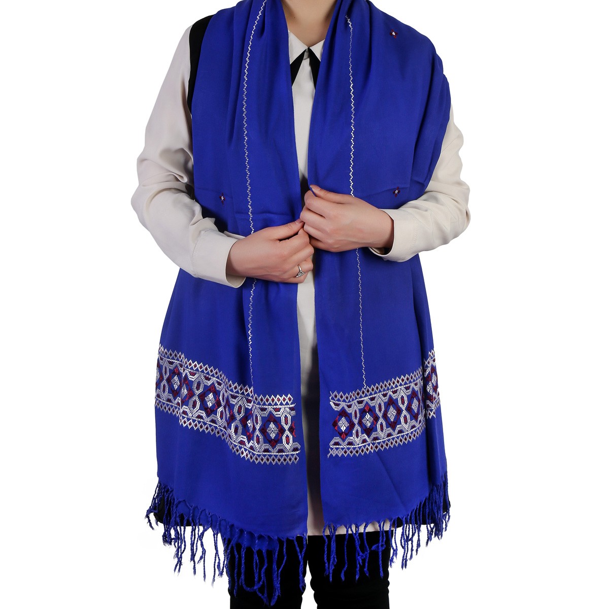 Blue Cotton Scarf With Colorful Embroidery 2