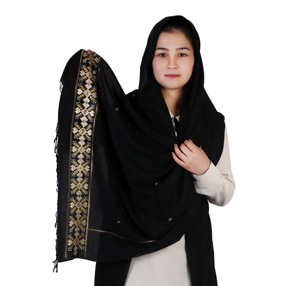 Black Cotton Scarf With Hazaragi Embroidery 1