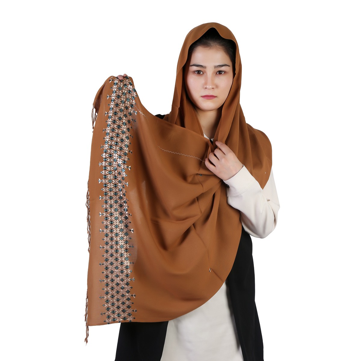 Hand Embroidered Rustic Orange Cotton Shawl 1