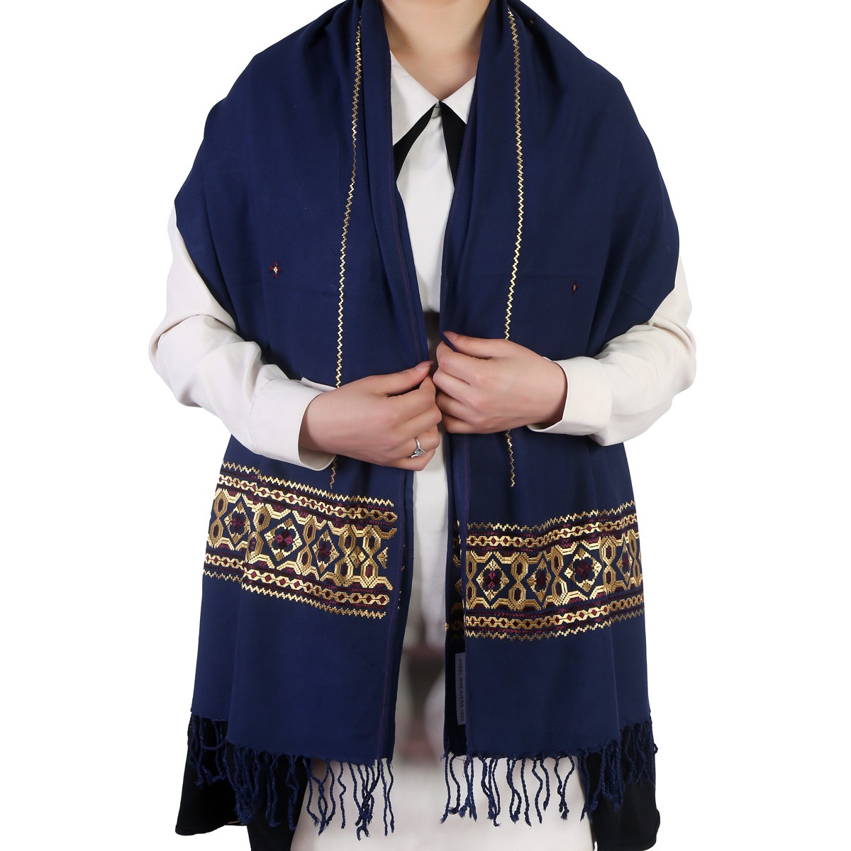 Golden Embroidered Blue Cotton Scarf 2