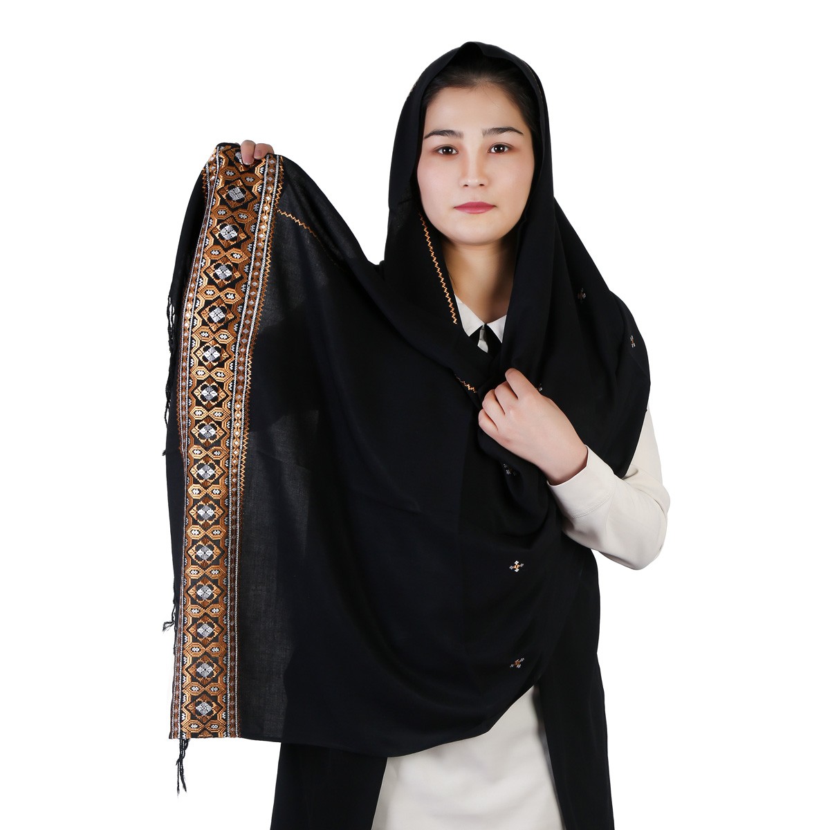 Black Fancy Scarf With Golden and White Embroidery 1