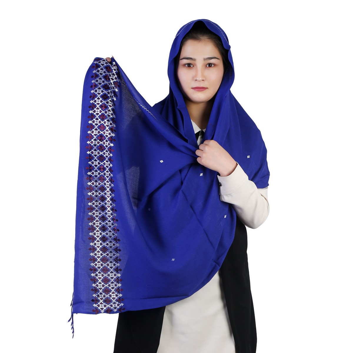 Dark Sapphire Cotton Scarf With Embroidered Borders 1