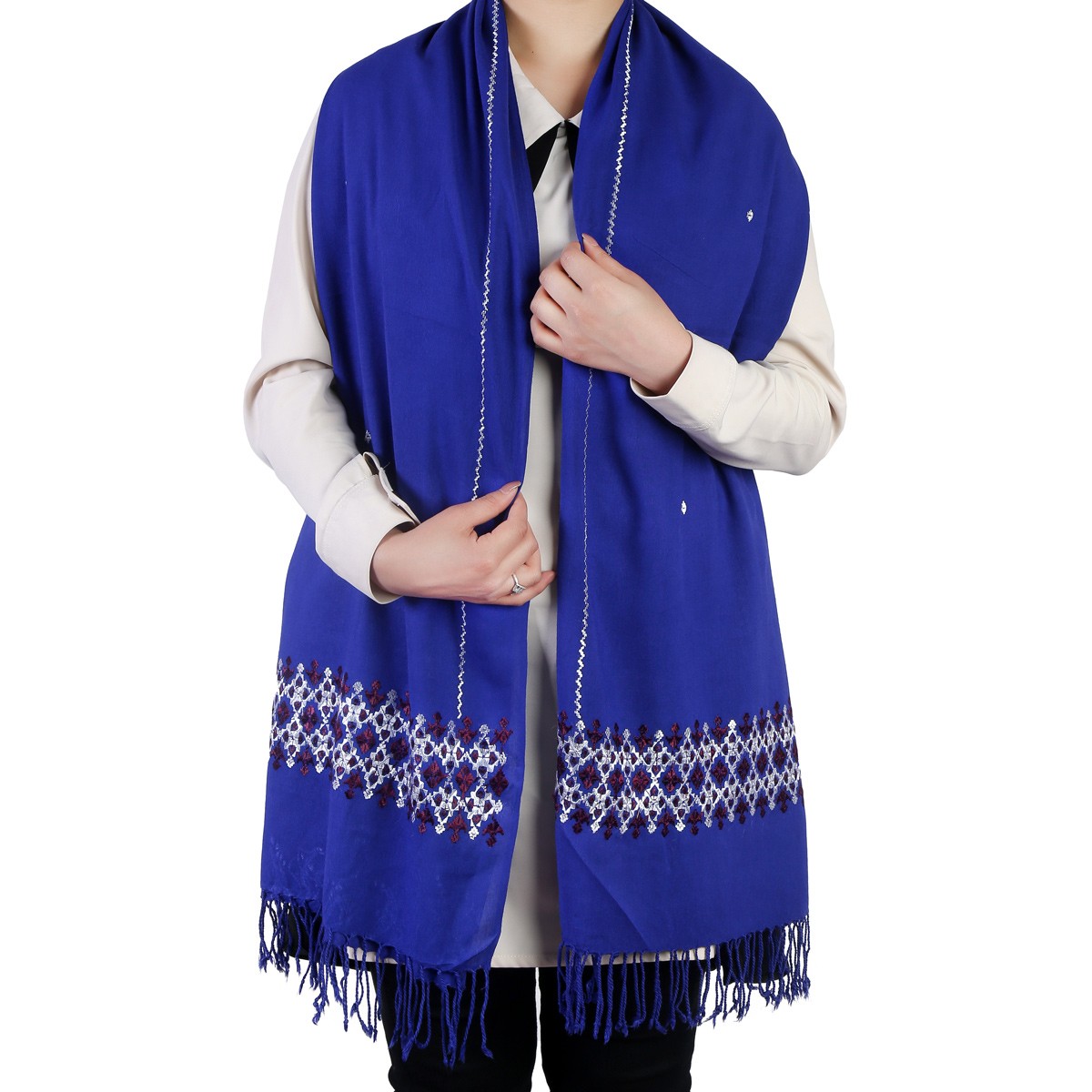 Dark Sapphire Cotton Scarf With Embroidered Borders 2