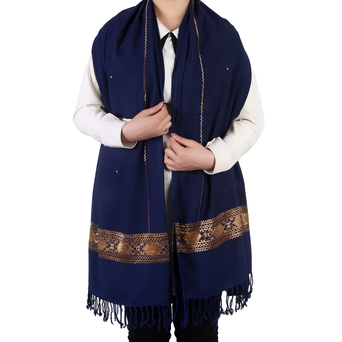 Dark Navy large Scarf With Golden Embroidered Borders, Wraps for women, Handmade 2