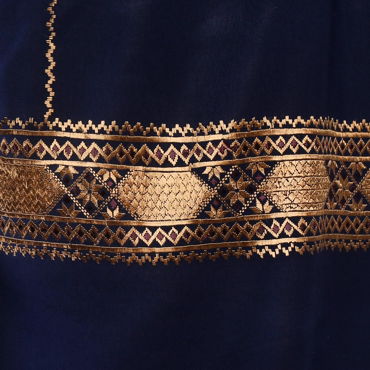 Dark Navy large Scarf With Golden Embroidered Borders, Wraps for women, Handmade 3