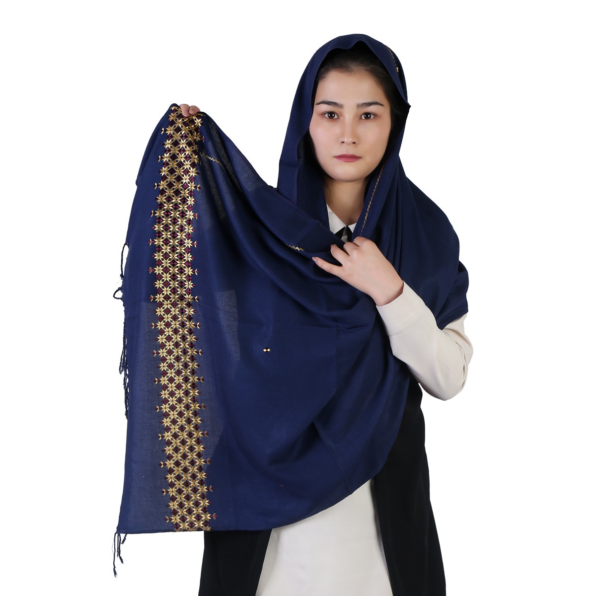 Navy Blue Cotton Scarf With Embroidered Borders 1
