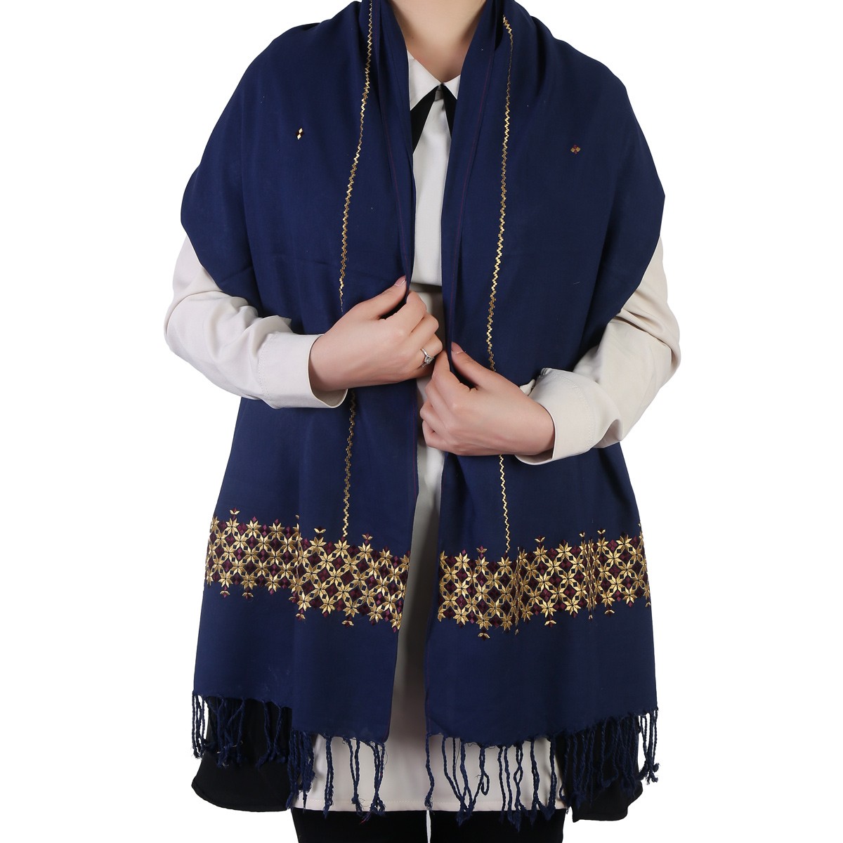 Navy Blue Cotton Scarf With Embroidered Borders 2