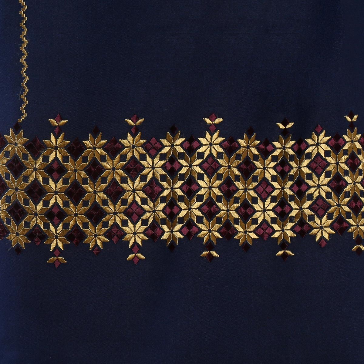 Navy Blue Cotton Scarf With Embroidered Borders 3