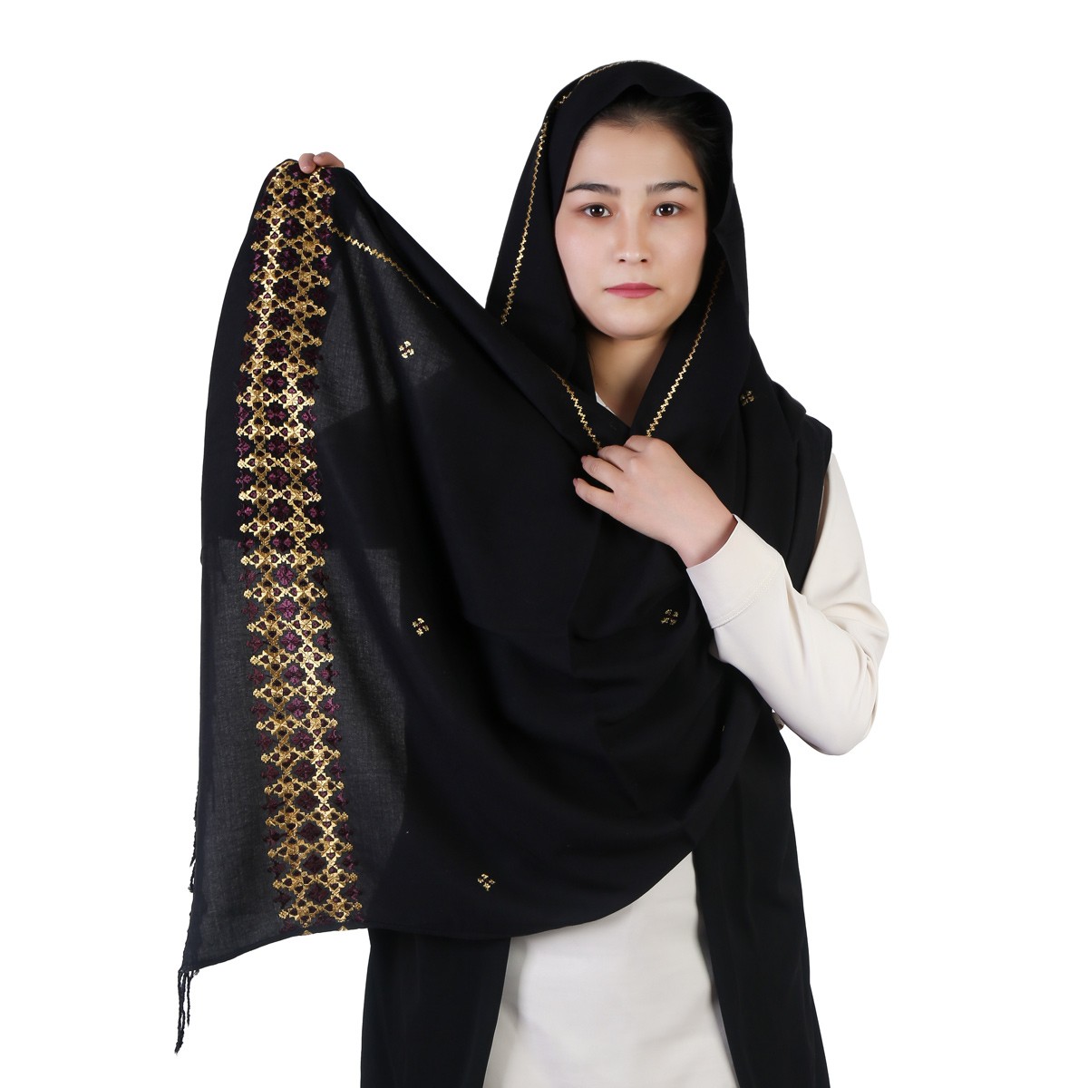 Black Cotton Scarf With Embroidered Borders 1
