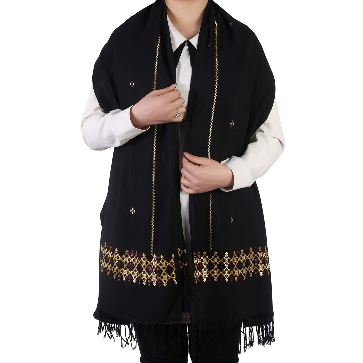Black Cotton Scarf With Embroidered Borders 2