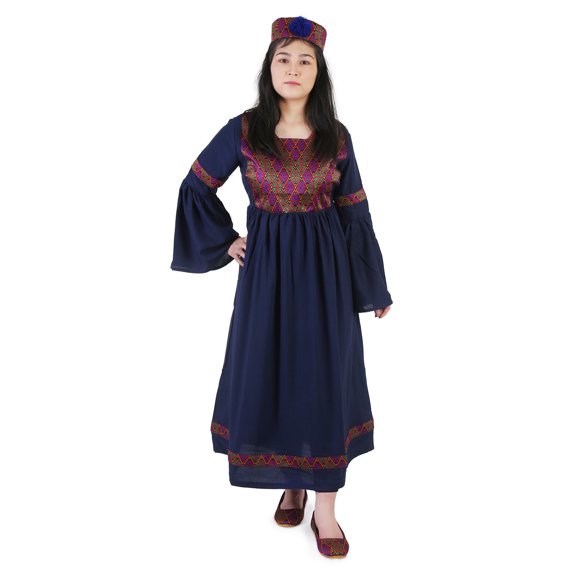 Blue Afghan Hazaragi Dress With Embroidered Hat 1