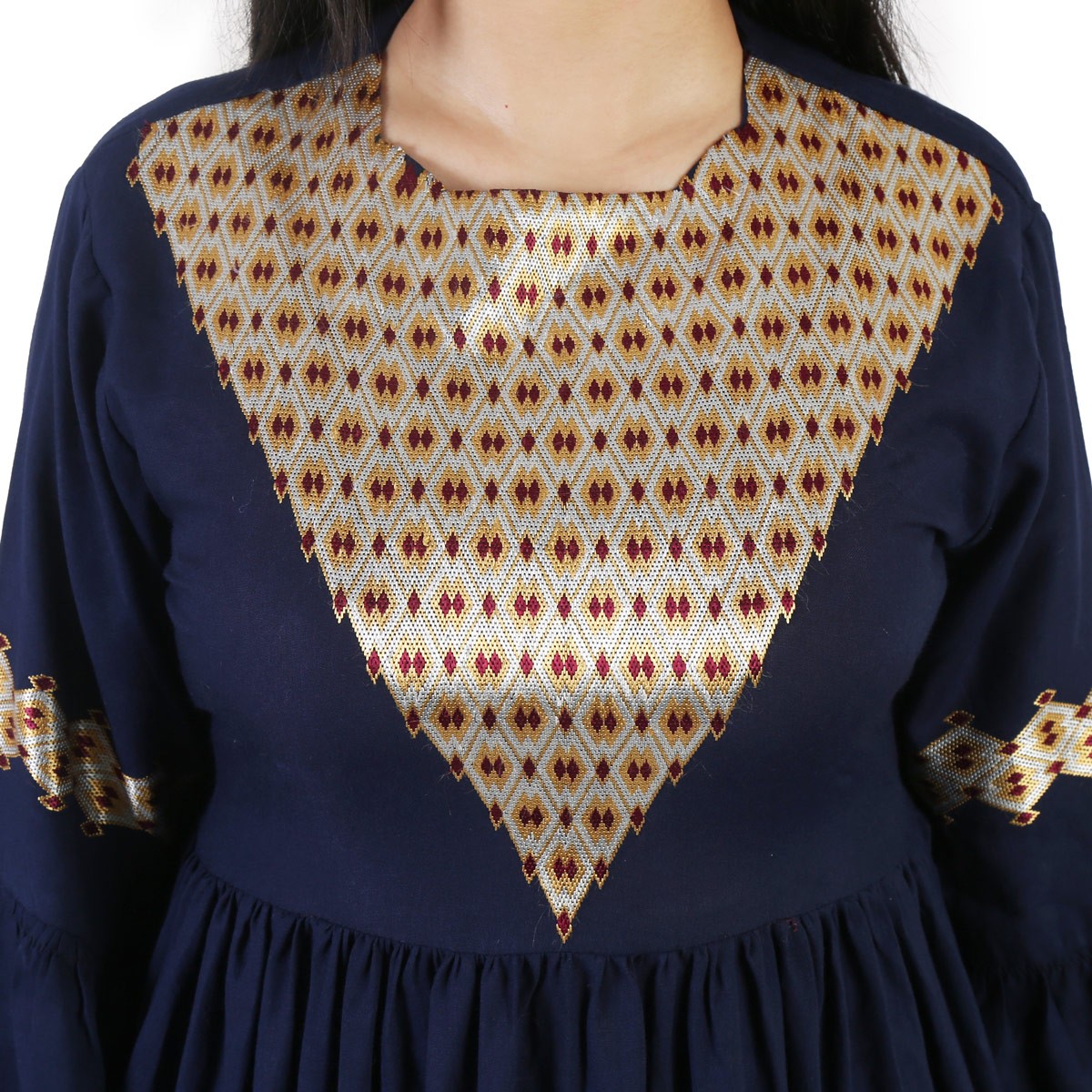 Golden Embroidered Pleated Frock | Navy Blue Bell Sleeve Hazaragi Dress 2