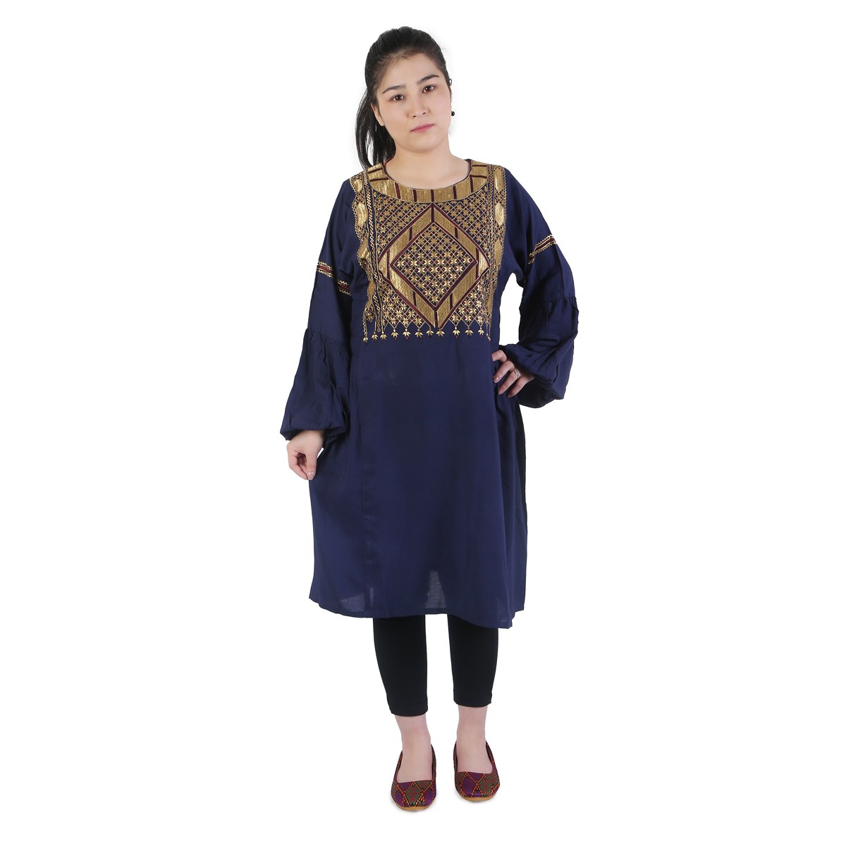 Simple Navy Blue Hazaragi Embroidery Dress for Women 1