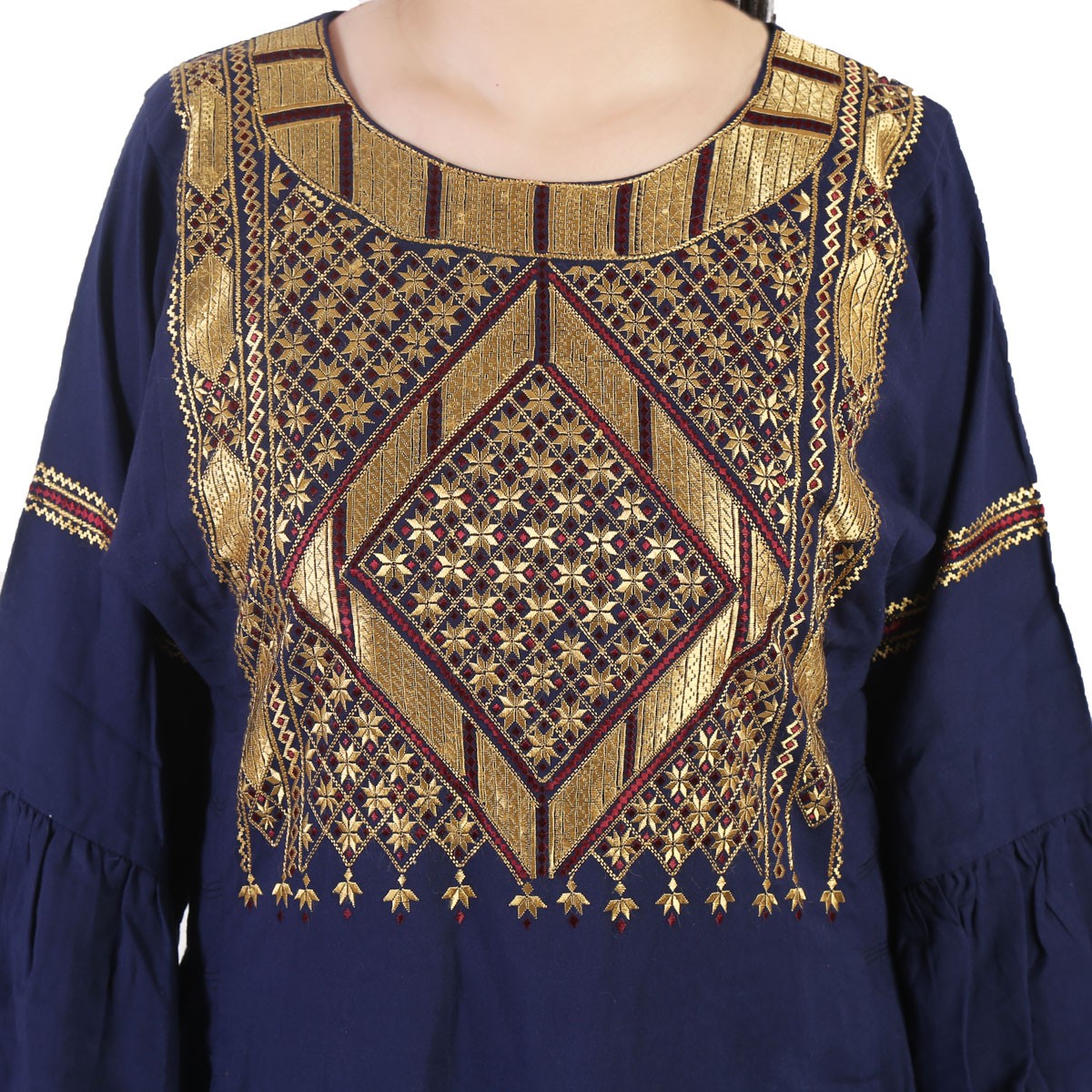 Simple Navy Blue Hazaragi Embroidery Dress for Women 2