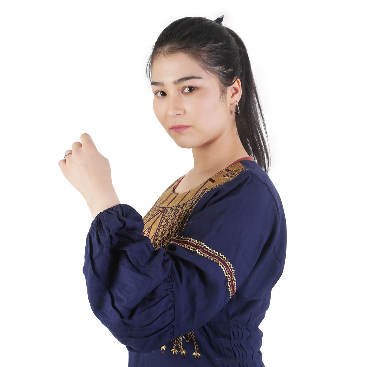 Simple Navy Blue Hazaragi Embroidery Dress for Women 3