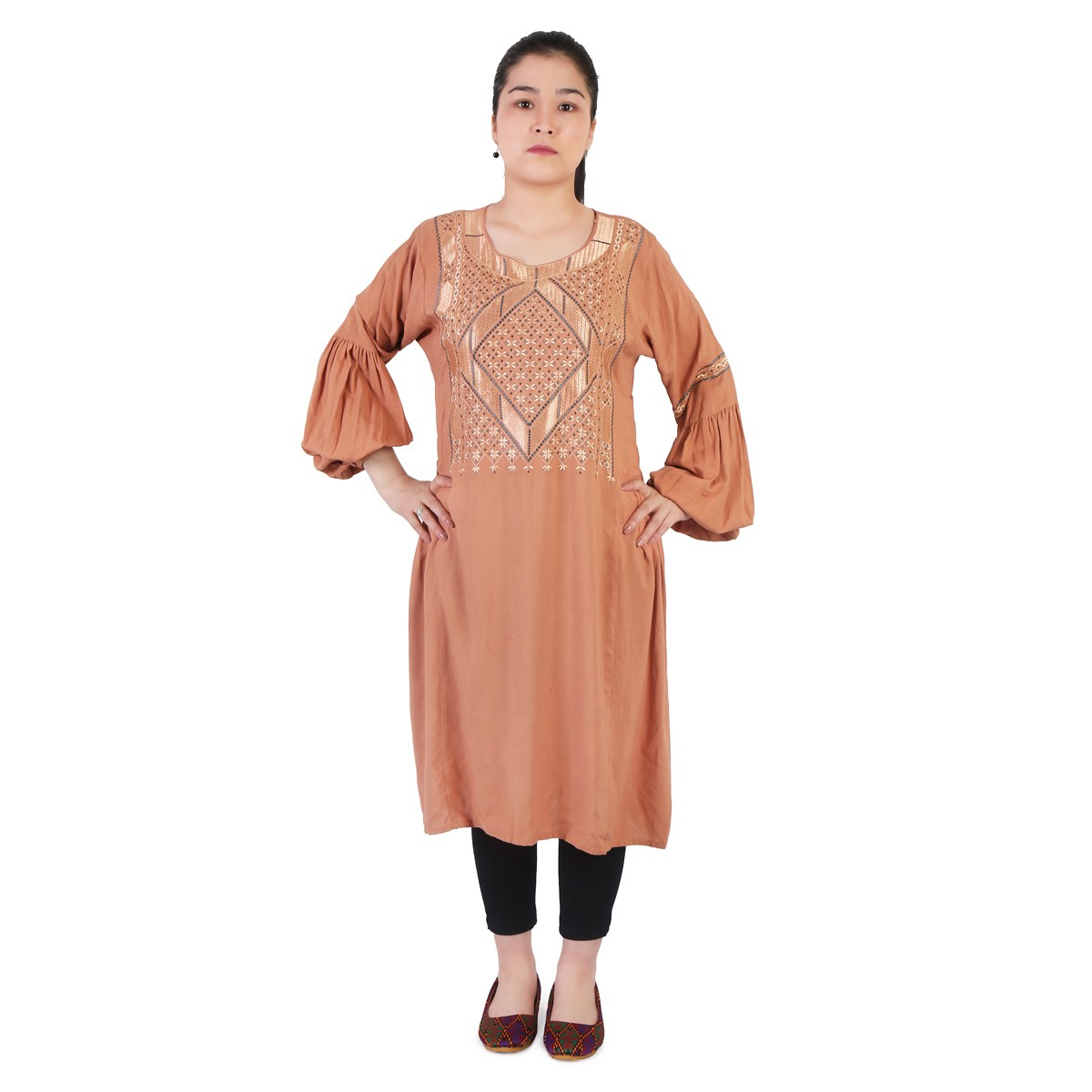 Sandstone Orange Cotton Simple Afghan Dress | Embroidered Dress With Puffed Sleeves 1