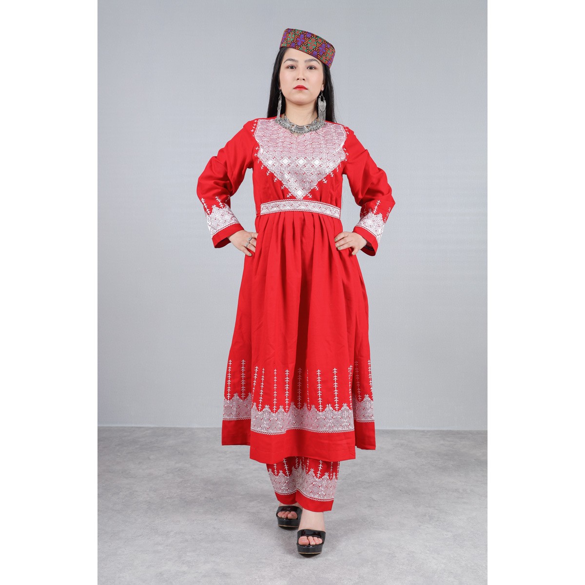 Red Hazaragi Embroidered Party Dress | Shaal Shari Dress With Jewelry & Hat 1