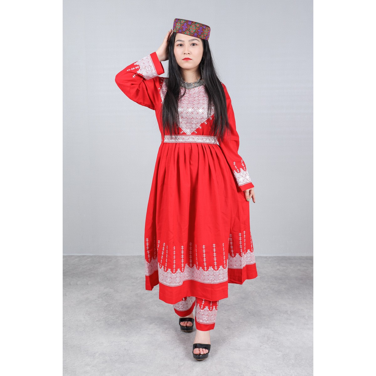 Red Hazaragi Embroidered Party Dress | Shaal Shari Dress With Jewelry & Hat 2