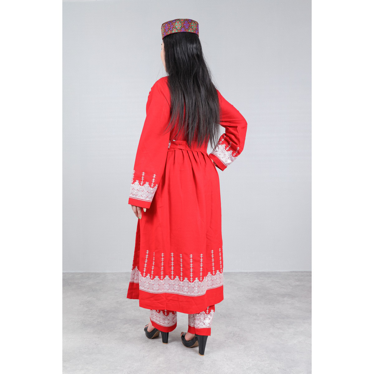Red Hazaragi Embroidered Party Dress | Shaal Shari Dress With Jewelry & Hat 5