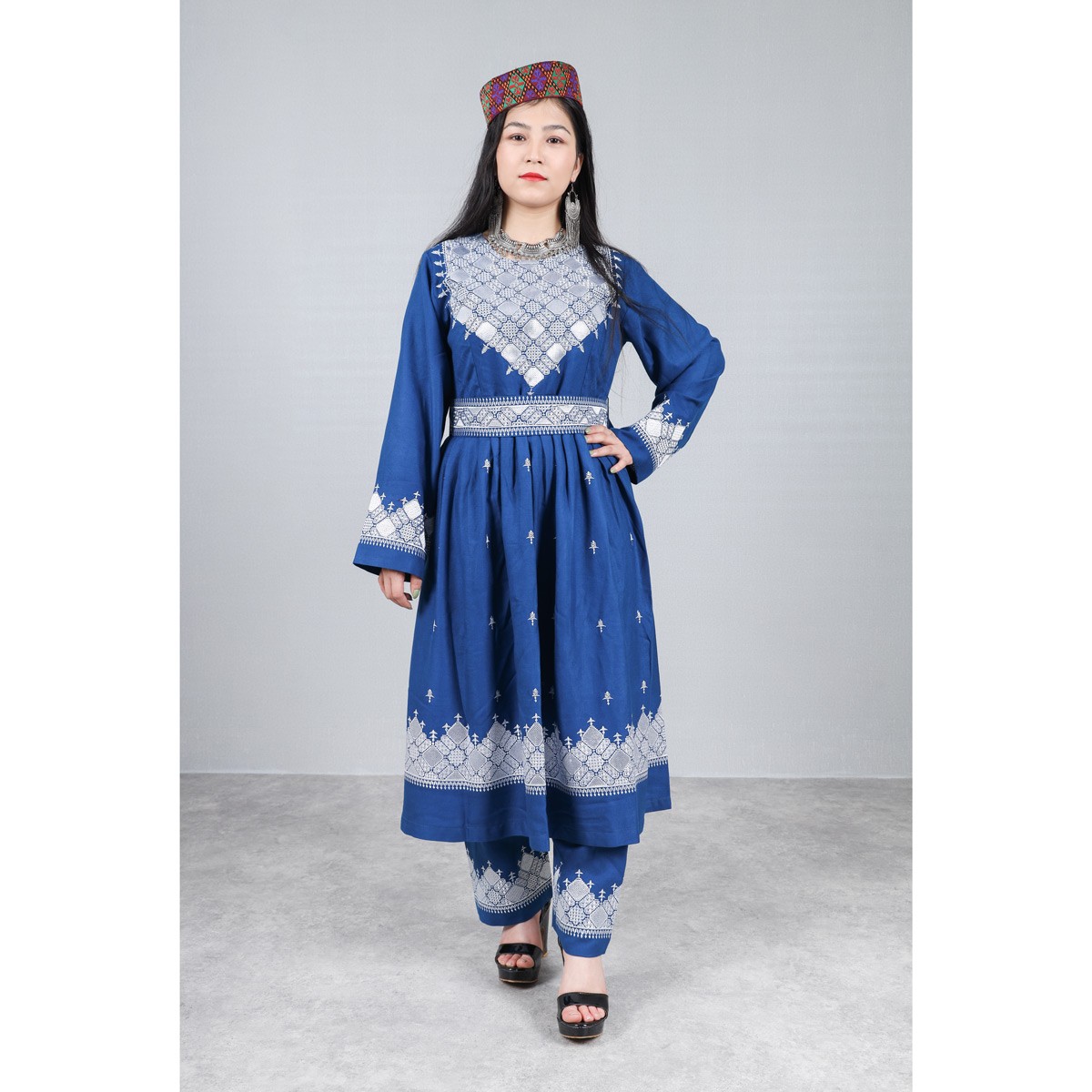 Blue Hazaragi Embroidered Dress | Shaal Shari Dress With Jewelry & Hat 1