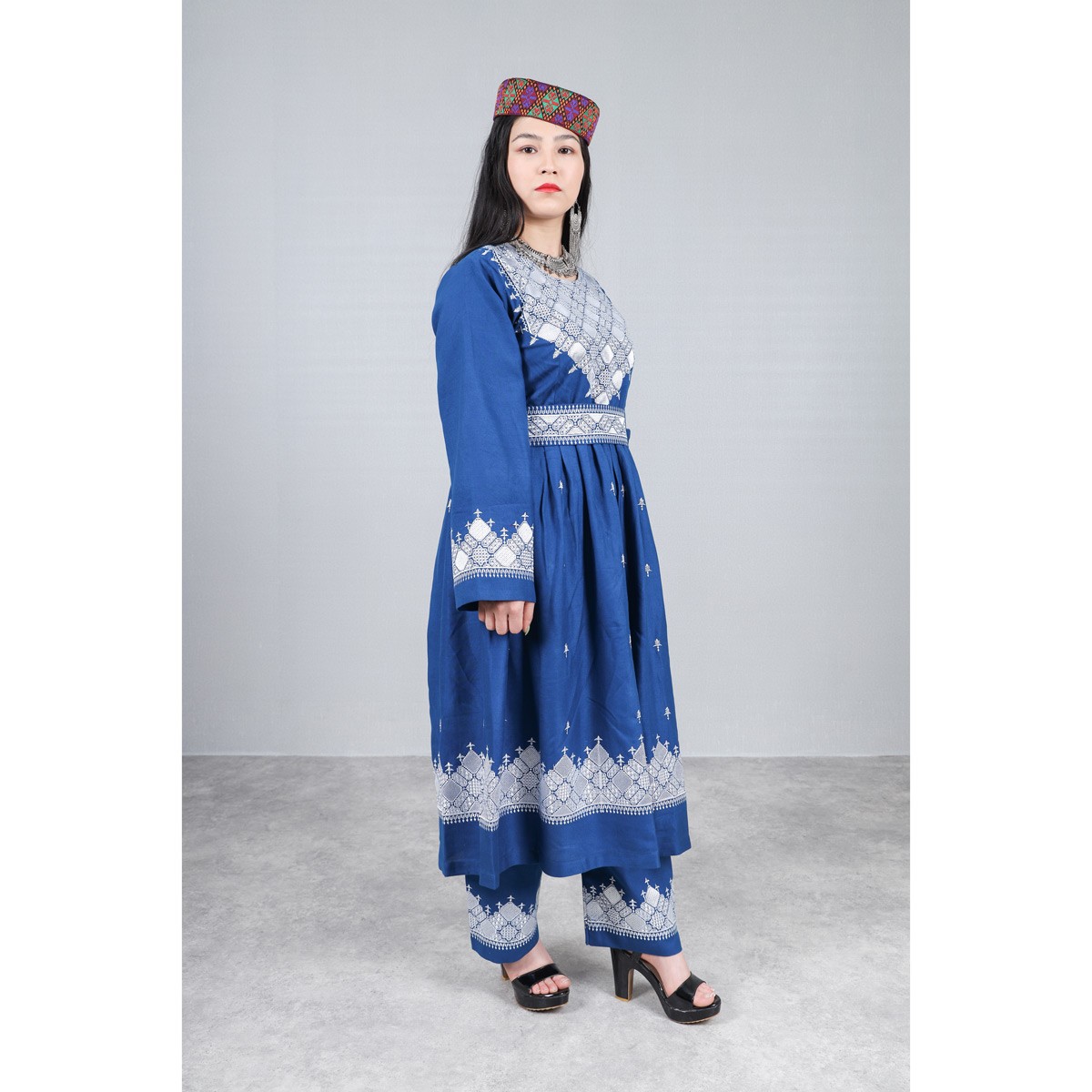 Blue Hazaragi Embroidered Dress | Shaal Shari Dress With Jewelry & Hat 2