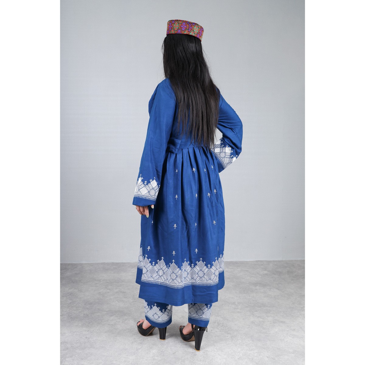 Blue Hazaragi Embroidered Dress | Shaal Shari Dress With Jewelry & Hat 5
