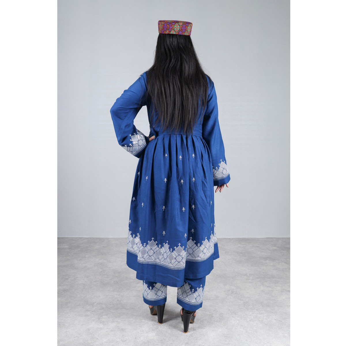 Blue Hazaragi Embroidered Dress | Shaal Shari Dress With Jewelry & Hat 6