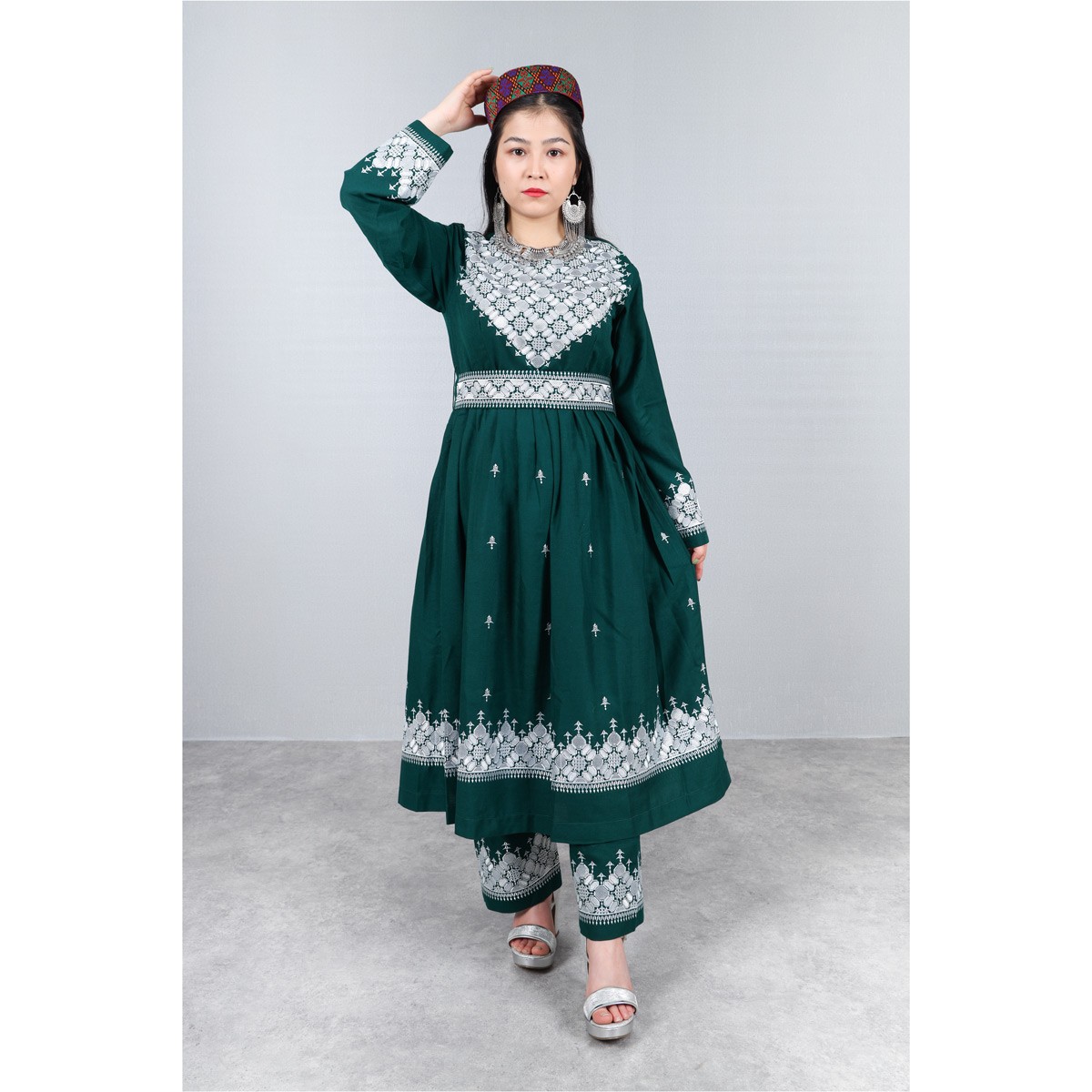 Dark Green Hazaragi Embroidered Dress | Shaal Shari Dress With Jewelry & Hat 1