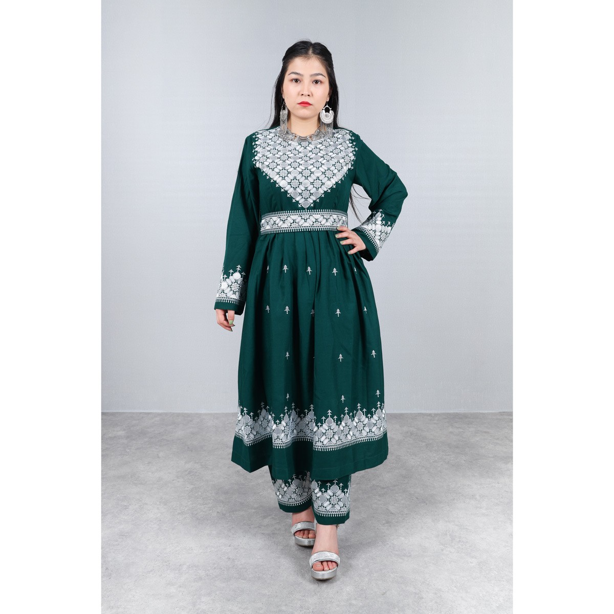 Dark Green Hazaragi Embroidered Dress | Shaal Shari Dress With Jewelry & Hat 2