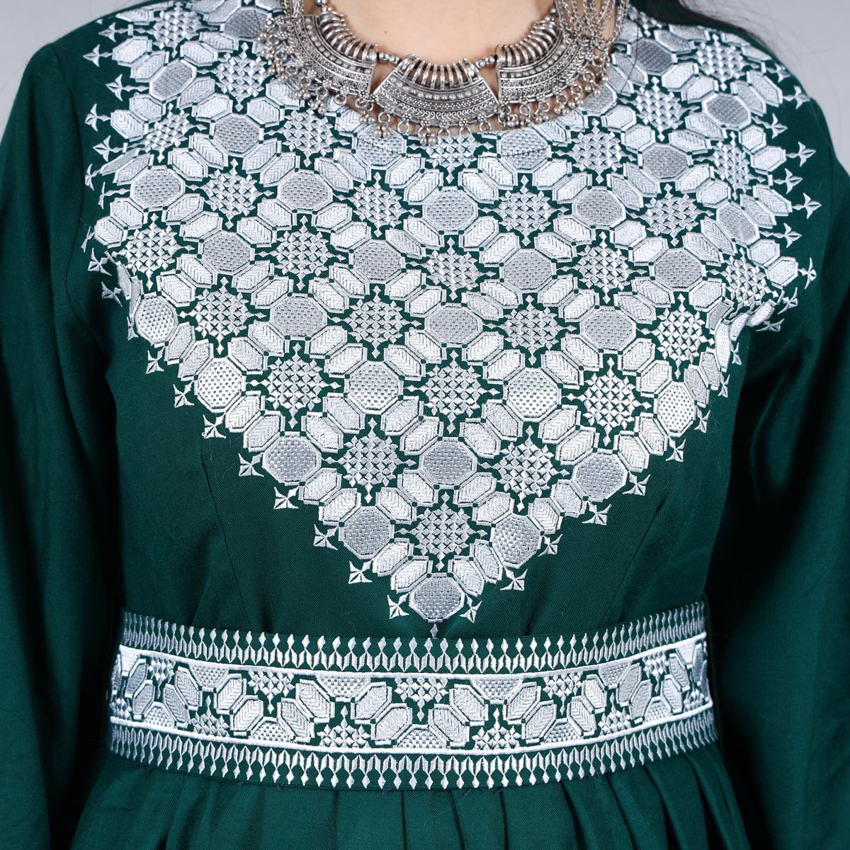 Dark Green Hazaragi Embroidered Dress | Shaal Shari Dress With Jewelry & Hat 3