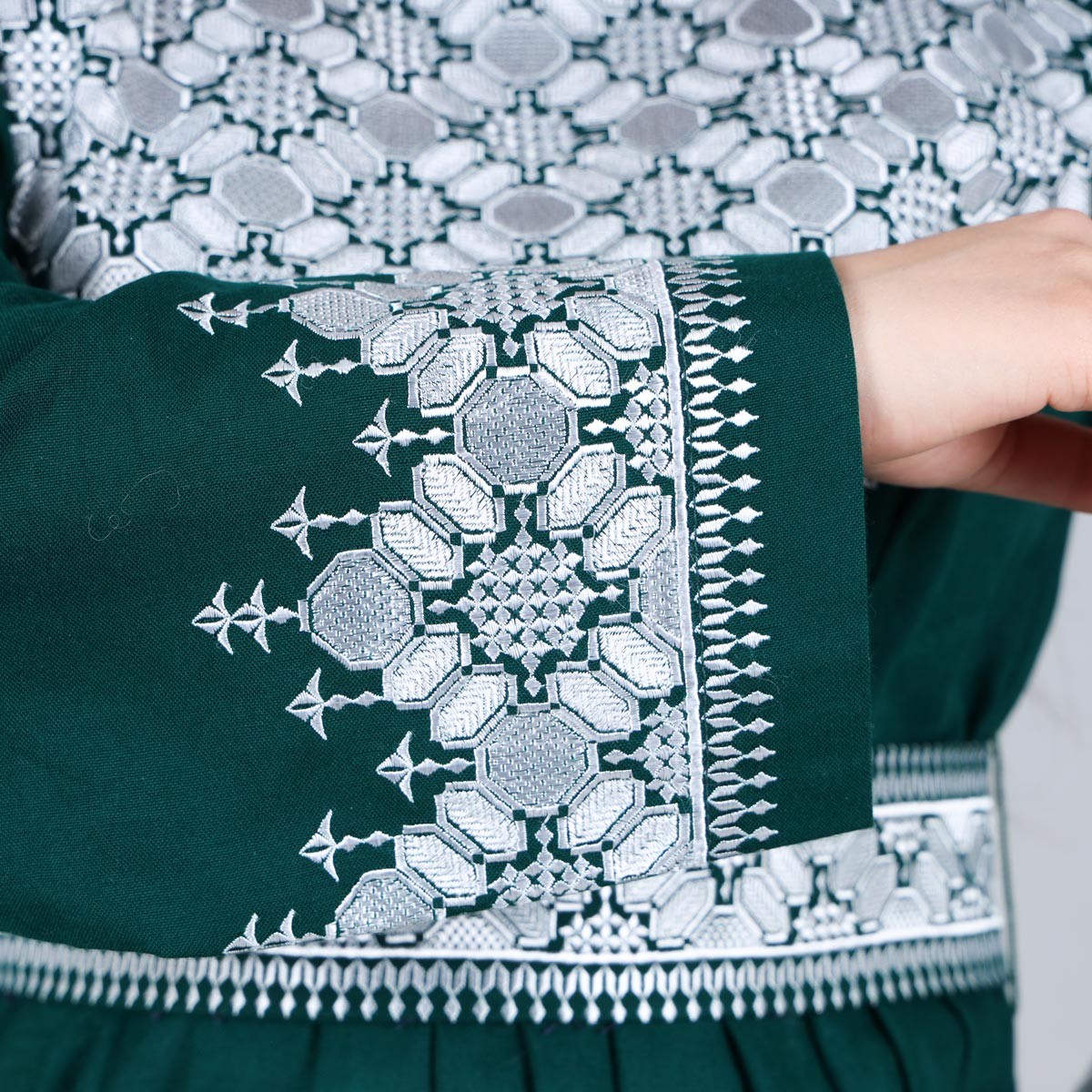 Dark Green Hazaragi Embroidered Dress | Shaal Shari Dress With Jewelry & Hat 4