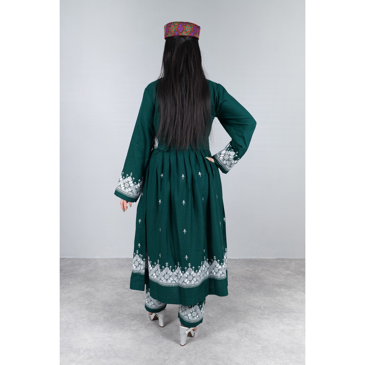 Dark Green Hazaragi Embroidered Dress | Shaal Shari Dress With Jewelry & Hat 5