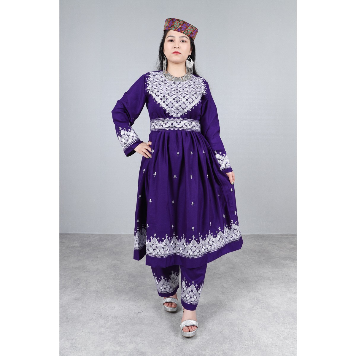 Purple Simple Hazaragi Embroidered Dress | Shaal Shari Dress With Jewelry & Hat 1