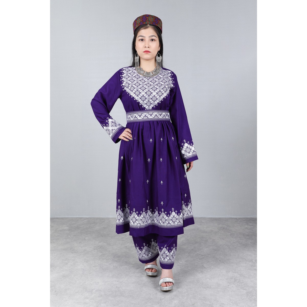 Purple Simple Hazaragi Embroidered Dress | Shaal Shari Dress With Jewelry & Hat 2
