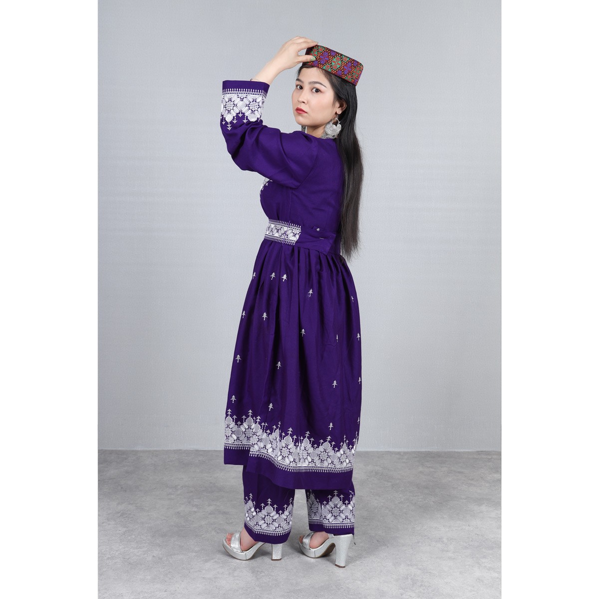 Purple Simple Hazaragi Embroidered Dress | Shaal Shari Dress With Jewelry & Hat 5